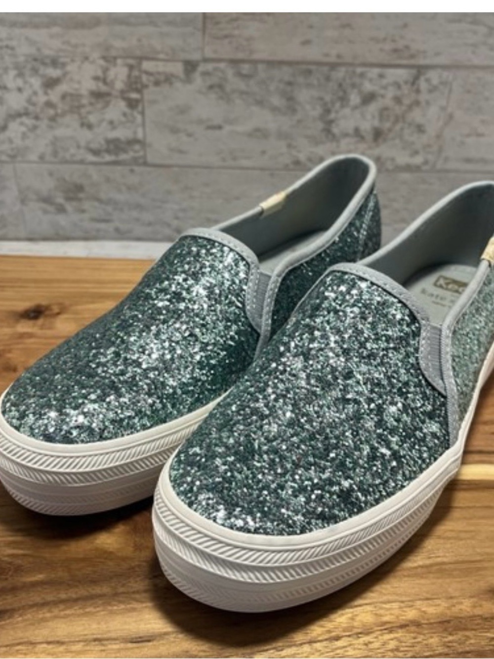 Kate Spade x Keds. Green glitter slip ons.